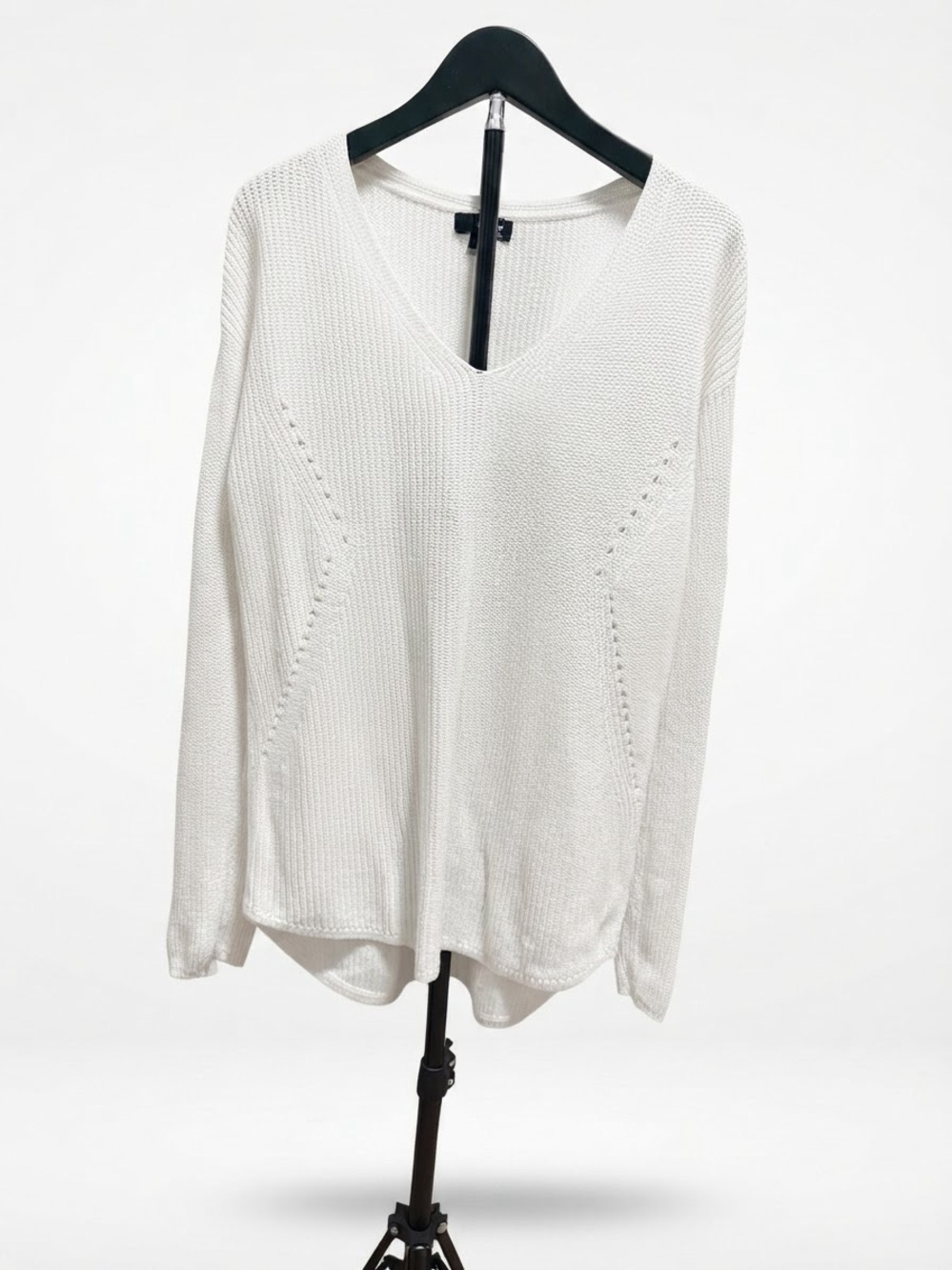 White V-Neck Ribbed Knit Sweater Tunic Top Size S